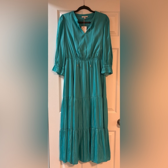 Skies Are Blue Women's Hydra Tiered Puff Sleeve Maxi Dress Teal Blue Medium - Picture 2 of 5